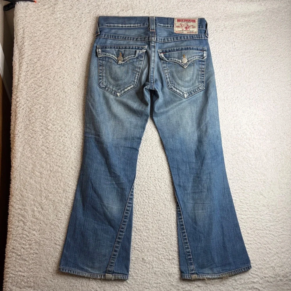 True Religion Joey Super T Flare Jeans Mens 33x28 Blue Distressed Made in USA